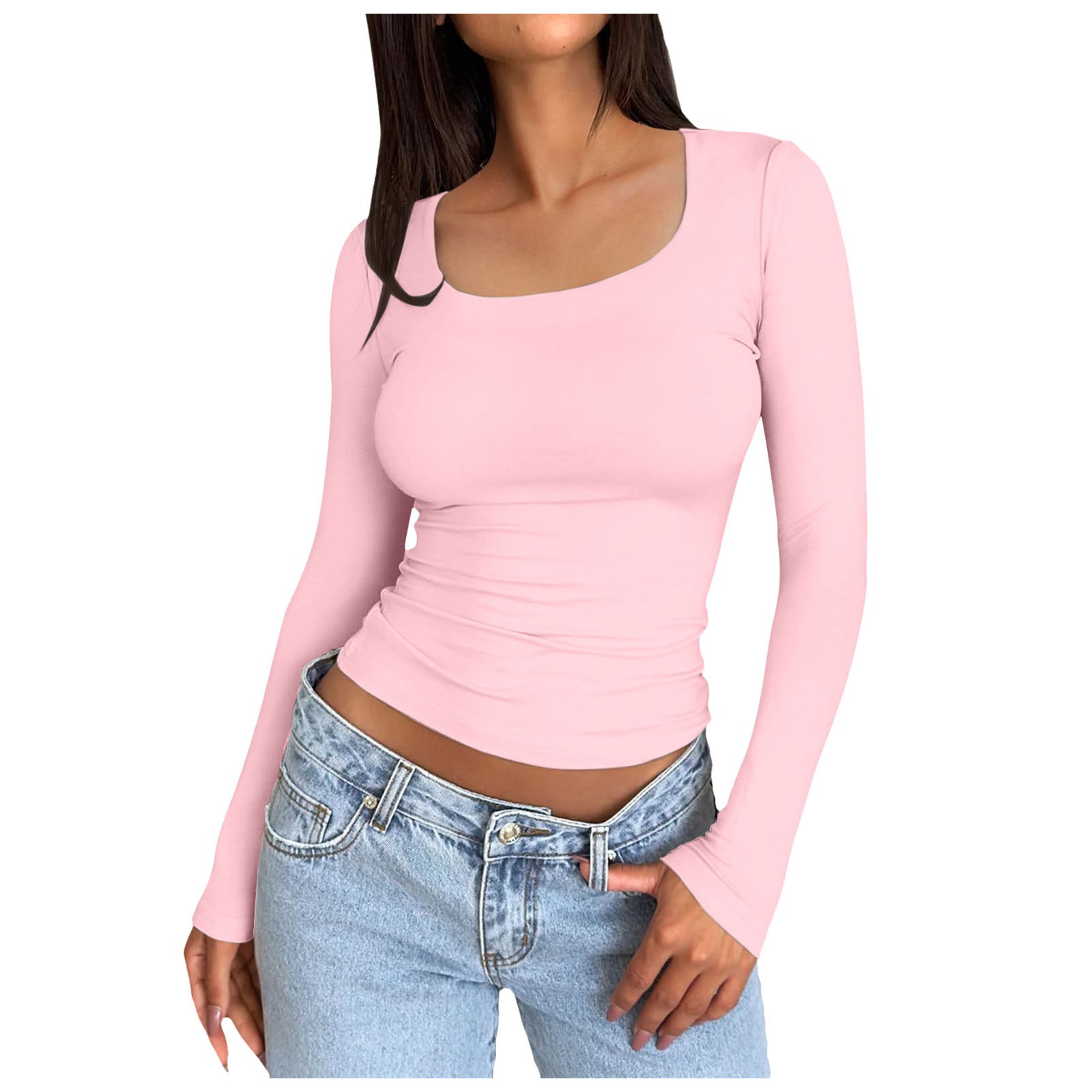 thumbnail image 1 of Tops ajustados para mujer: top corto de manga larga y cuello redondo, básico, ajustado, mezcla de poliéster, para entrenamiento/yoga/informal, tallas S-XL, 1 of 5